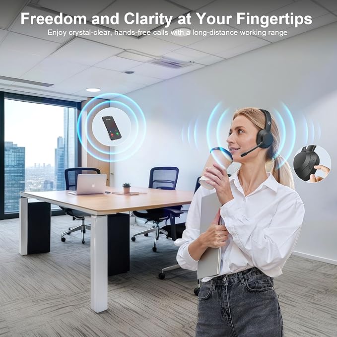 Wireless Headset, Bluetooth Headphones with Mic(AI Noise Cancelling), 65 Hrs Working Time with USB Dongle, Wireless Headset with Mic for Work from Home/Computer/Laptop/PC/Android