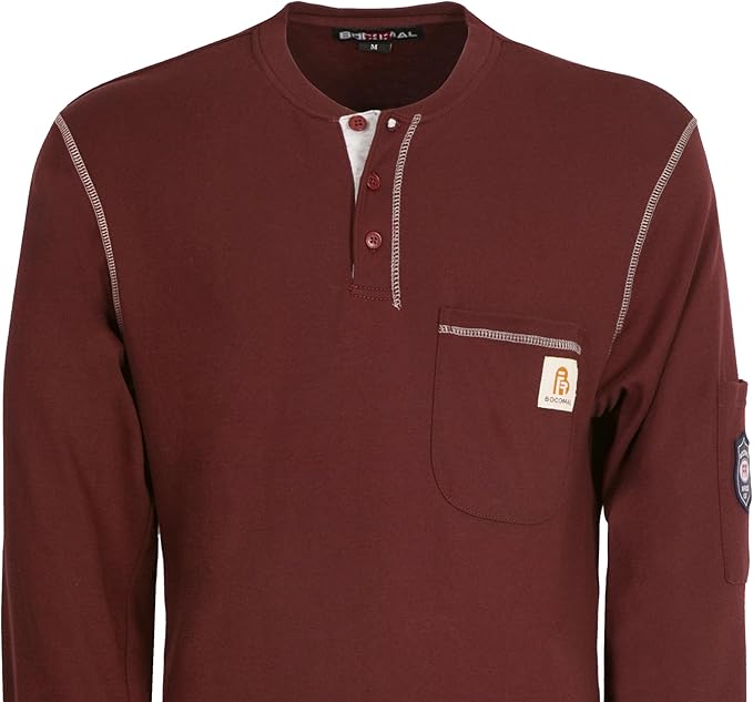 BOCOMAL FR Shirts Flame Resistant Henley Shirt NFPA2112/CAT2 7oz Men's Long Sleeve Fire Retardant Clothing