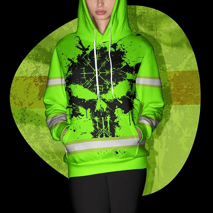 Matedecor Skull High Visibility Shirt Men Reflective Safety Shirts US Flag Custom Name Workwear, Runners, Walkers, Patriotic