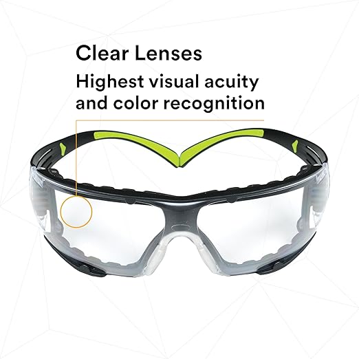 3M Safety Glasses for Men and Women, SecureFit 400, 1 Pair, Z87, Anti-Fog Anti-Scratch Clear Lens, Green/Black Frame, Polycarbonate, UV Protection, Flexible Temples, Removable Foam Gasket