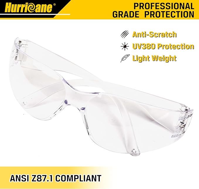 HURRICANE Clear Safety Glasses - 24 Pc Safety Goggles with Clear Lens, 98% UV380 blocking, Scratch Impact Resistance Wrap Around Eyewear for Work, Lab, Construction Use