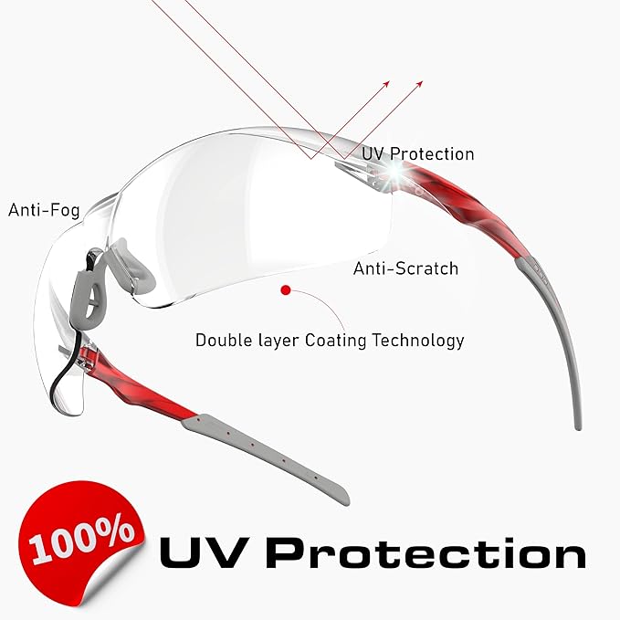 ANSI Z87.1 Safety Glasses, Anti-Fog UV Impact Scratch Resistant for Eye Protection at Work, Sports, Shooting, Pickleball, Racquetball, Clear Wraparound Lenses, No-Slip Nose Grip, 1 Pack