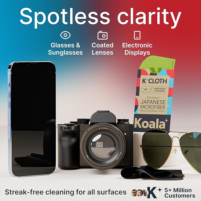 Koala Lens Cleaning Cloth | Japanese Microfiber | Glasses Cleaning Cloths | Eyeglass Lens Cleaner | Eyeglasses, Camera, VR/AR Headset, and Screen Cleaner | Black & Green (Pack of 24)
