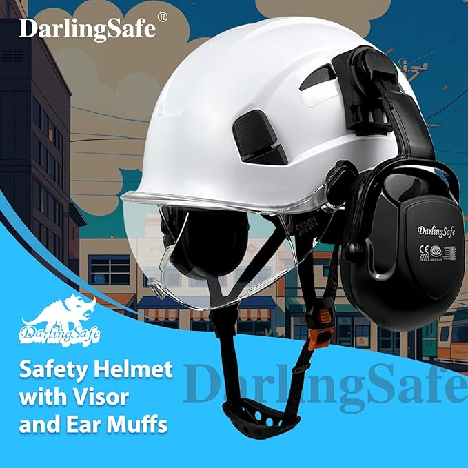 Hard Hat with Visor Ear Muffs Vented Safety Helmet with Visor Earmuffs ANSI Z89.1 Outdoor Work Hardhats Construction