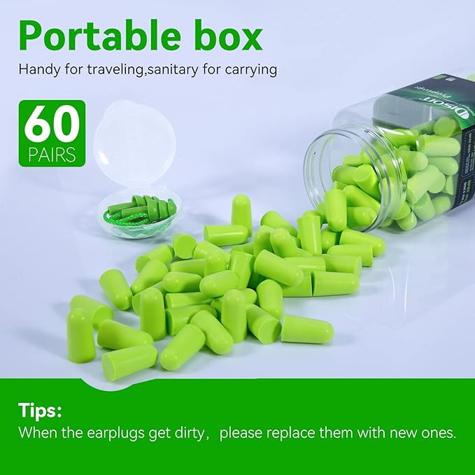 60Pairs Foam Earplugs, 38dB Noise Reduction Ear Plugs, Hearing Protection EarPlugs for Sleeping Noise Cancelling,Shooting Range, Work