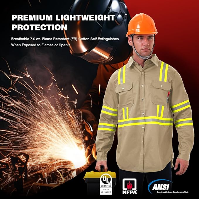 SKSAFETY 7oz FR Shirts for Men, Welding Shirt Hi Vis Flame Resistant 100% Cotton Fire Retardant Longsleeve Shirt CAT2/NFPA