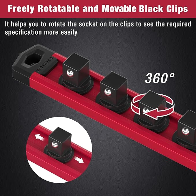 WORKPRO Magnetic Socket Organizer, 1/4-Inch Drive Aluminum Alloy Socket Rail, Heavy Duty Socket Holder, Socket Rack Kit 1/4-Inch x 12 Clips (Red)