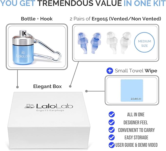 Ear Plugs for Sleeping with Case by LaloLab - 2 Types of Reusable Earplugs Sound Blocking - Ideal for Sleep & Snoring, Travel, Swimming, Concert, Work - The Kit Comes with Elegant Gift Box (Medium)