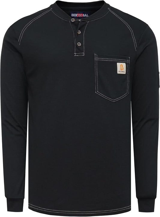 BOCOMAL Men's FR Shirt Pocket Henley Lightweight Flame Resistant Cotton Long Sleeve Workwear UL NFPA2112 CAT2 Welding Tee