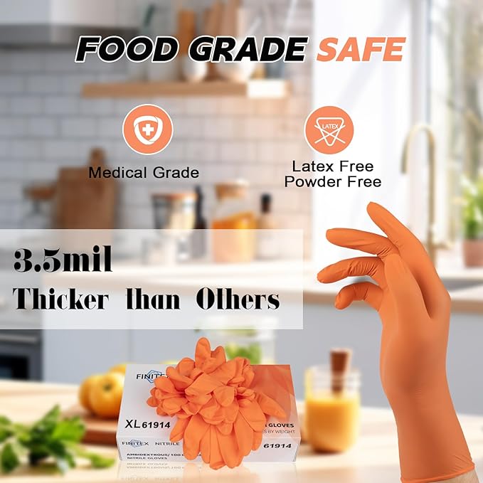 FINITEX Nitrile Disposable Gloves - Orange, 3.5mil, 1000PCS, Powder-Free, Cleaning, Medical, Food Gloves