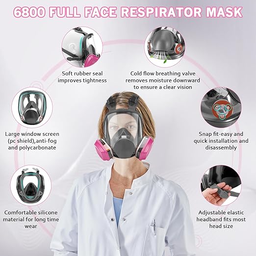 Full Face Respirator Mask with 60925 Filters - Reusable Full Face Gas Masks Survival Nuclear and Chemical,Ideal for Paint, Dust, Spraying, Chemicals, Epoxy Resin, Polishing, Sanding, Cutting