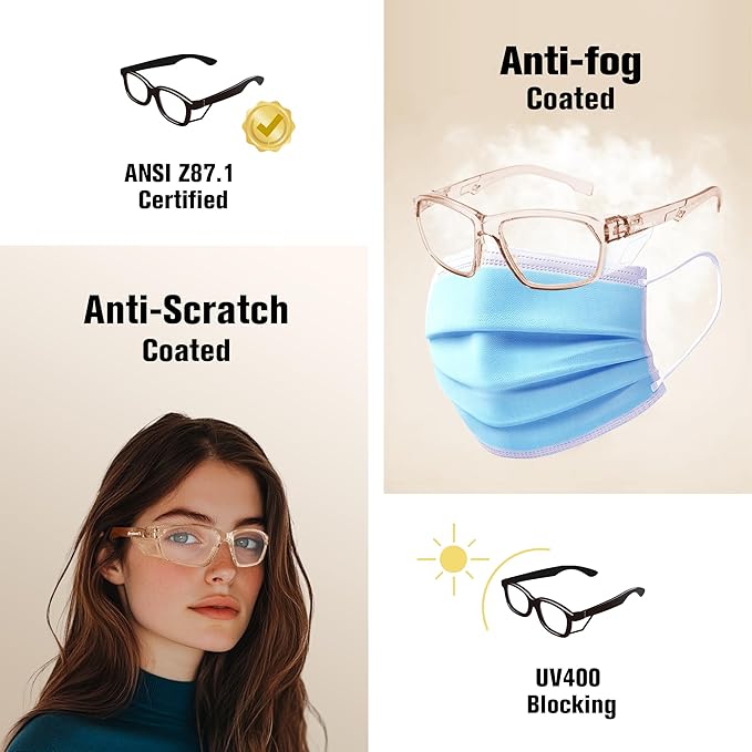 ProtectX Stylish Anti-Fog & Scratch-Resistant Safety Glasses, UV Protection Goggles, Anti-Impact Lightweight Glasses for Men＆Women Cold Brew Clear