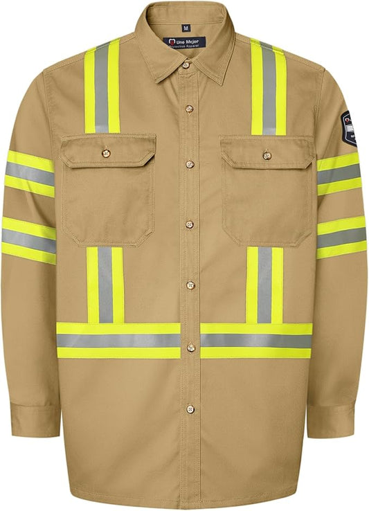 Welding Shirt 7.5oz FR Shirts for Men, 100% C Reflective Flame Resistant Welding Jacket with Heavy Sewing, Durable Men's Fire Retardant FR Clothing for Men, Meets NFPA2112, Khaki-ZRWD 4XL