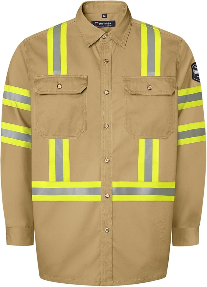 Welding Shirts for Men 7.5oz FR Shirts, 100% C High Vis Flame Resistant FR Jackets for Men, Men's Fire Retardant Welding Shirt, Durable FR Clothes, Meets NFPA2112, Khaki-ZRWD 3XL