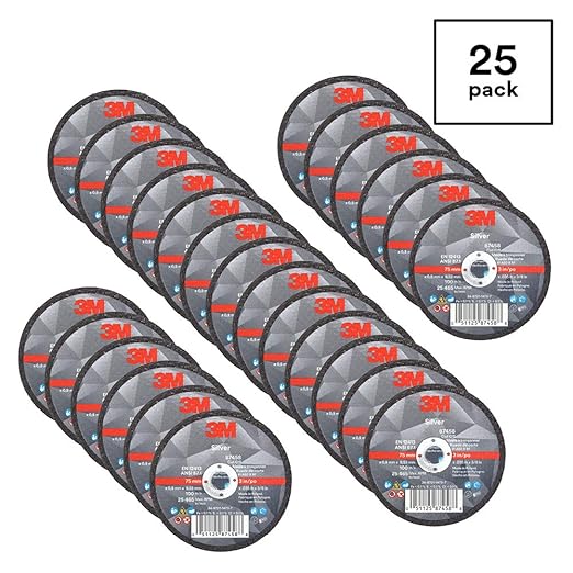 3M Silver Cut-Off Wheel, 87458, T1, 3 in x .035 in x 3/8 in, Pack of 25, Precision Shaped Grain, Pipe Cutting, Stainless and Mild Steel, Metal Fabrication, Metalworking