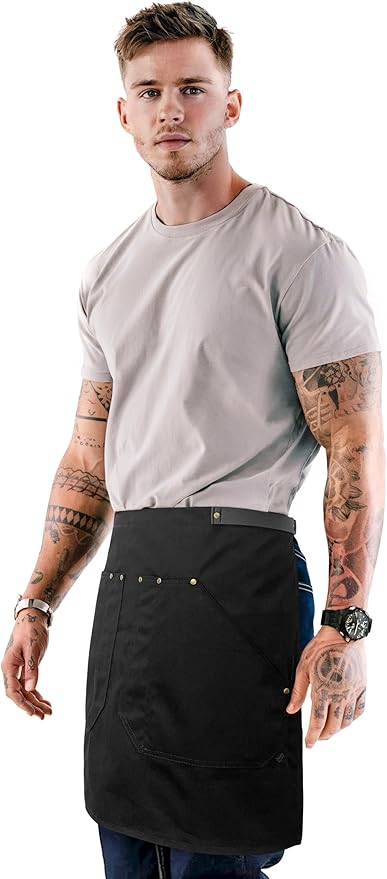 Under NY Sky Half Barista Apron - Black Leather Strap - Riveted Pockets - Double Stiched - Leather Loop - Professional Twill - Bistro, Restaurant, Waiter, Bartender, Server - Black Half Waist Apron