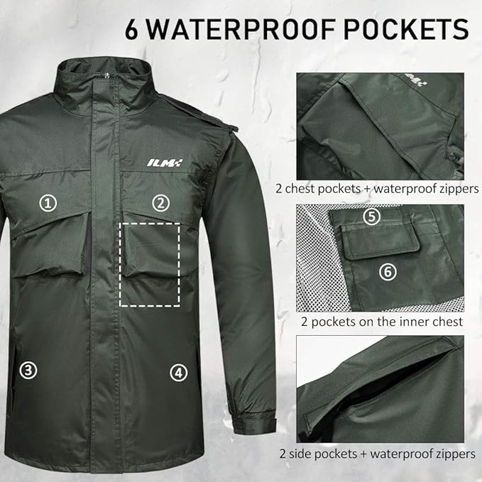 ILM Motorcycle Rain Suit for Men Waterproof Resistant Raincoat 6 Pockets 2 Pieces Packable Rainwear Jacket and Pants Model RS02