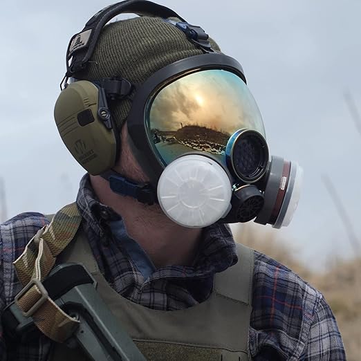 ST-100X Burnt Bronze Mirrored Survival & Tactical Full Face Respirator with P-D-1 Single 40mm Carbon Activated Charcoal Filter Canister