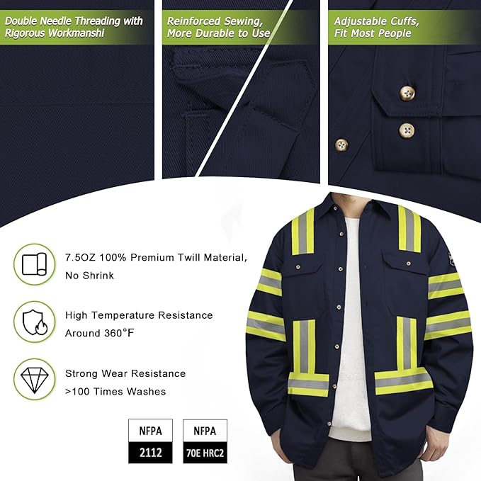 Welding Shirts for Men 7.5oz FR Shirts, 100% C High Vis Flame Resistant FR Jackets for Men, Men's Fire Retardant Welding Shirt, Durable FR Clothes, Meets NFPA2112, Navy-ZRWD 3XL