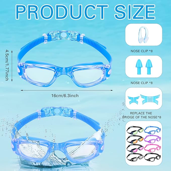 Fabbay 8 Pcs Swimming Goggles No Leaking Pool Goggles for Kid Adult UV Protection Swim Glasses Waterproof Nose Clip Earplug