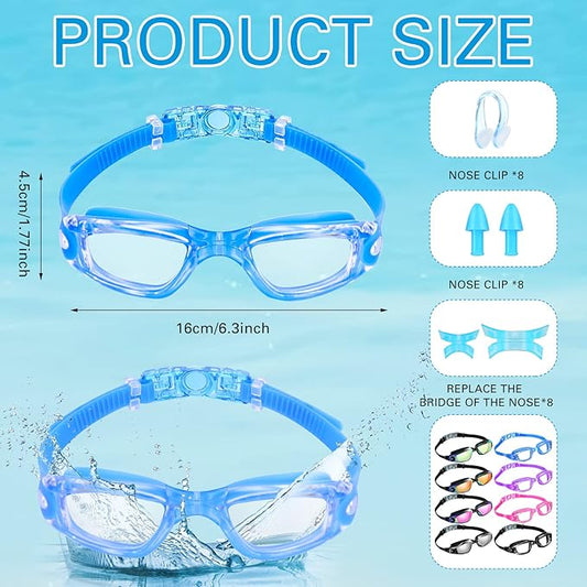 Fabbay 8 Pcs Swimming Goggles No Leaking Pool Goggles for Kid Adult UV Protection Swim Glasses Waterproof Nose Clip Earplug