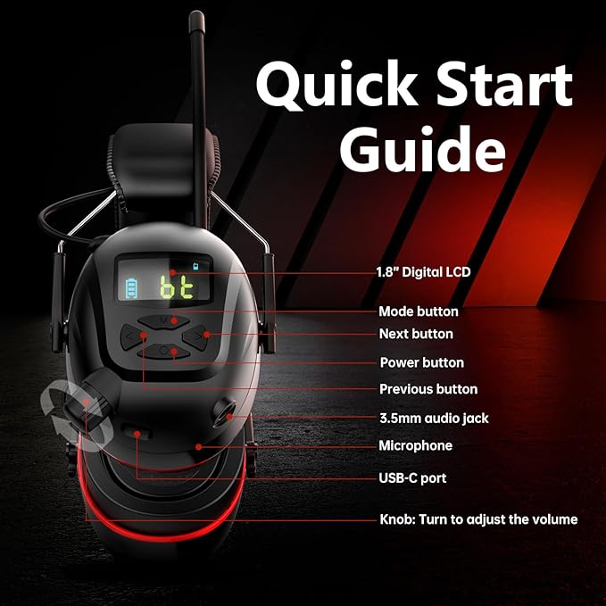 Bluetooth 5.4 Hearing Protection AM FM Radio Headphones with 2000mAh Rechargeable Battery, 30dB SNR Noise Reduction Safety Earmuffs Protector, Up to 45H Radio Listening Time for Mowing Lawn Work