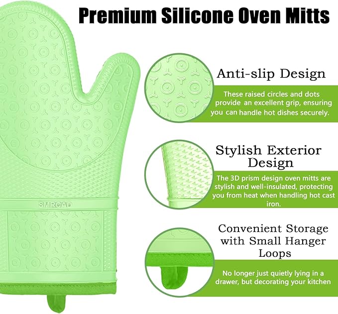 Oven Mitts with Heat-Resistant Hot Pads and Five Silicone Spatulas Designed for Kitchen Baking Cooking, Oven Glove Soft Cotton Lining, Waterproof, BPA-Free (Fluorescent Green, 12.6)