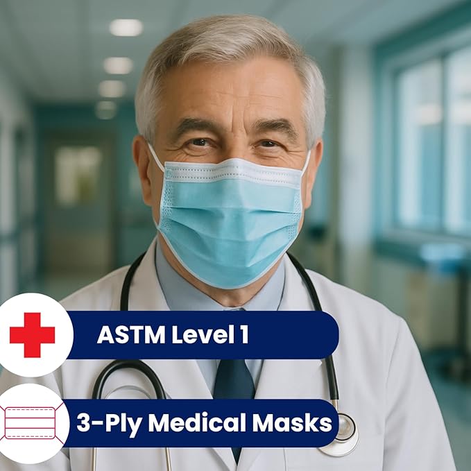 MAGICARE Made in USA Masks - Blue Disposable Face Masks - Medical Grade (ASTM Level 1) - Premium 3 Ply Face Masks Disposable - Comfortable, Soft, Breathable Face Mask for Adults - 50ct Box