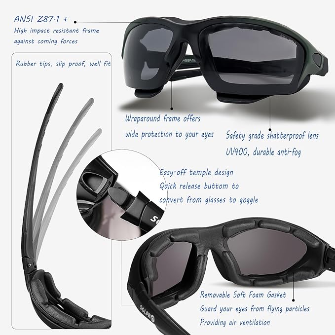 Powersports Glasses Safety Motorcycle Goggle, Anti-fog, Wrap around, Windproof, Hunting, Riding, Mowing,Men and Women