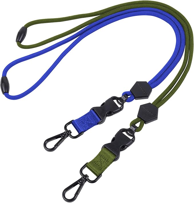 Wisdompro 2 Pack of 23 inch Durable Round Cord Heavy Duty Lanyard with Safety Breakaway Buckle, Detachable Buckle and Metal Hook for ID Card Badge Holder and Keys - Blue and Army Green