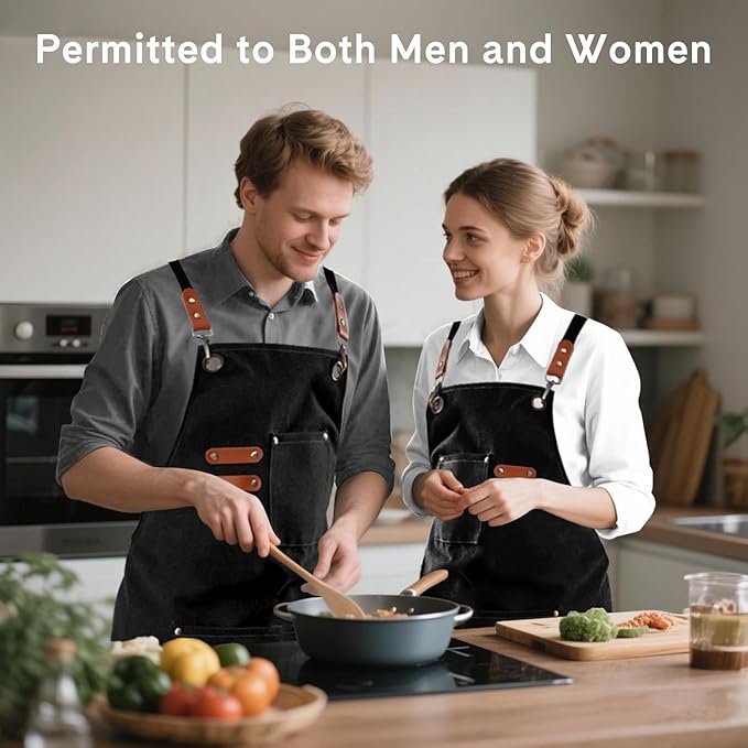 Chef Aprons for Women Men with Large Pockets, Polyester cotton hick canvas Waterproof Work Aprons,Adjustable Straps