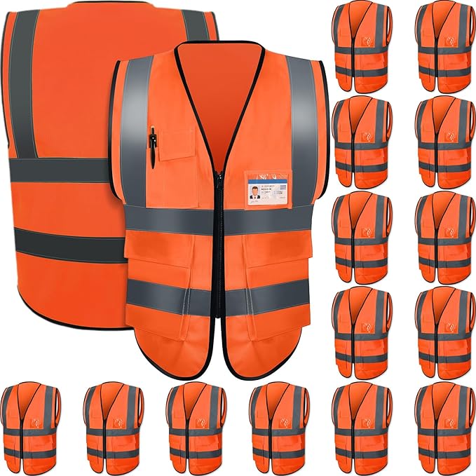 15 Pack Reflective Safety Vests with Pockets and Zipper Construction Work High Visibility Vest for Men Women(X-Large,Orange Red)