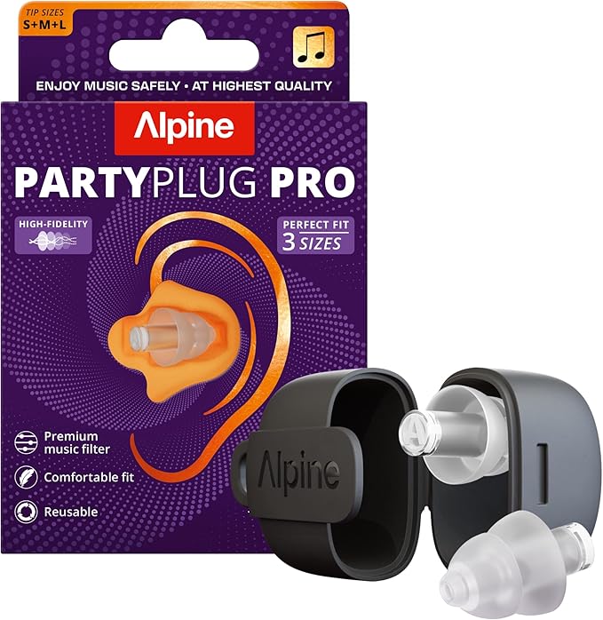 Alpine PartyPlug Pro Concert Ear Plugs, High Fidelity Professional Earplugs, 21dB Noise Reduction, Premium Hearing Protection for Music Festivals, Raves & Live Events, Incl. 3 Tip Sizes, Transparent