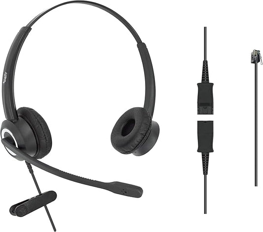 RJ9 Office Headset HD Voice for MITEL Nortel Meridian Polycom NEC ShoreTel Xblue Phones, Plus 3.5mm Adapter (Binaural)