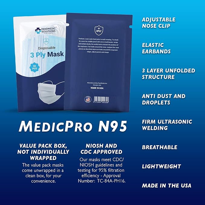 PandMedic Disposable Face Mask MADE in USA | Premium Medical American 3 Ply Safety Face Masks Breathable With Elastic Ear Loops - 50ct Resealable Bag