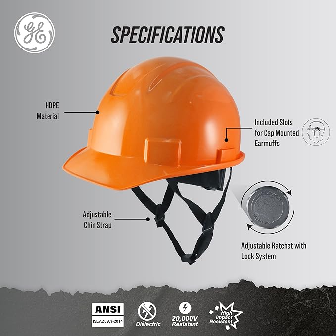 GE Cap Style Hard Hat, 4-Point Ratchet Suspension, Earmuff Slots, High Impact Resistant, Sweat-Wicking Sweatband, Meets ANSI Z89.1-2014, Comfortable, Durable, and Protective - Orange, Non-Vented