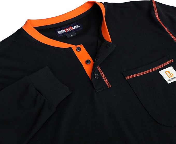BOCOMAL FR Shirts for Men CAT2 5.5oz Long Sleeve Henley Workwear Flame Resistant Fire Retardant Shirt