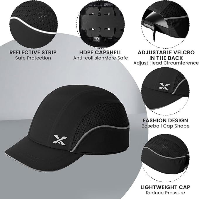 TIHEEN Unisex Safety Bump Cap, Baseball Hat Style with Reflective Stripes Lightweight and Breathable Hard Hat Head Protection Cap