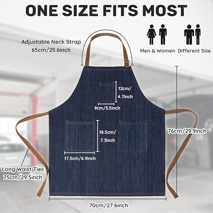 Cotton Denim Apron for Men Women, Professional Chef Apron with Large Pockets for Kitchen Cooking Gardening BBQ Hair Stylist Barista Restaurant, Heavy Duty Jean Work Apron Adjustable Size