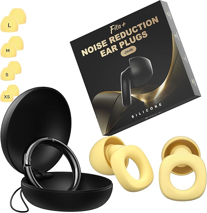Fita+ Soft Reusable Ear Plugs for Noise Reduction up to 33dB, 4 Pairs XS/S/M/L, Soft Silicone Ear Plugs for Sleeping, Noise Cancelling for Work, Focus - Yellow