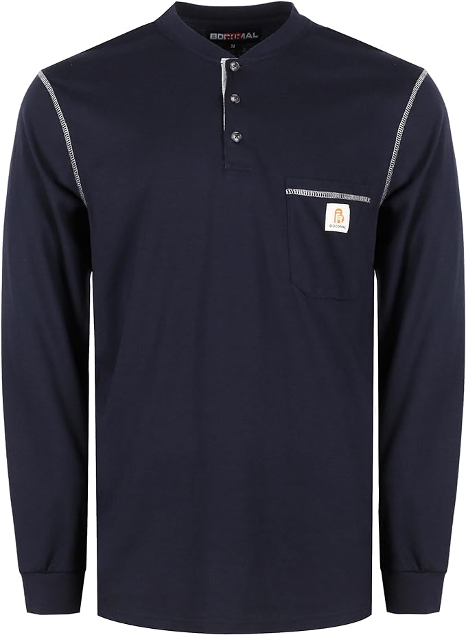 BOCOMAL FR Shirts for Men 5.5oz Lightweight Long Sleeve Work Henley Fire Resistant Shirt CAT2