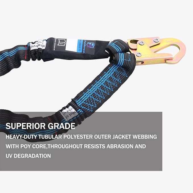 6FT Double Leg Safety Harness Lanyard, Abrasion Resistant Internal Shock Absorbing Fall Protection Lanyard with Dual Rebar & Snap Hook, OSHA/ANSI Compliant, Construction Arborist Roofing