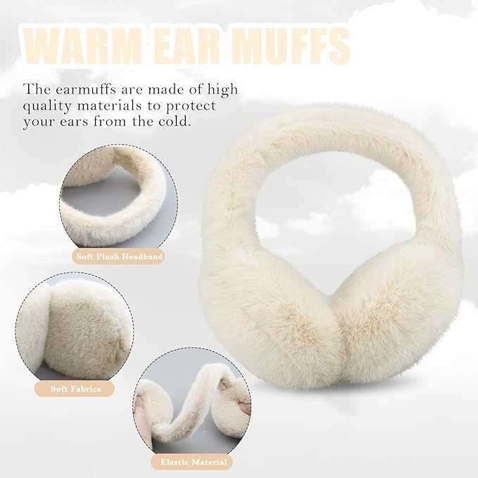 Winter Ear Muffs for Women Girls Faux Fur Cute White Earmuffs Fluffy Ear Warmers Foldable Ear Covers Outdoor
