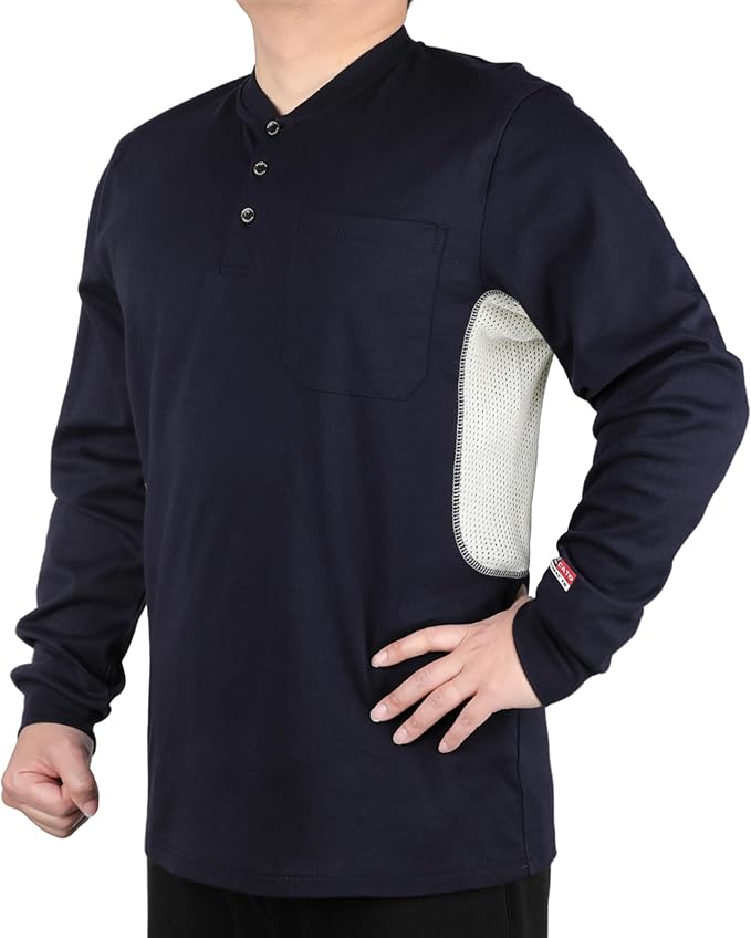 BOCOMAL FR Shirts Summer Vented Mesh Breathable Henley Shirt 5.5oz Flame Resistant CAT2 Work Clothing