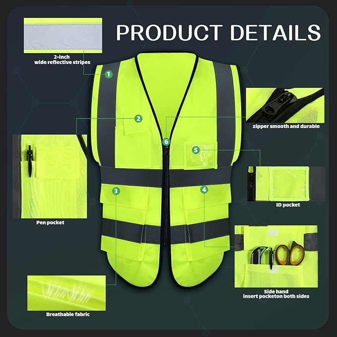 15 Pack Reflective Safety Vests with Pockets and Zipper Construction Work High Visibility Vest for Men Women(X-Large,Fluorescent Green)