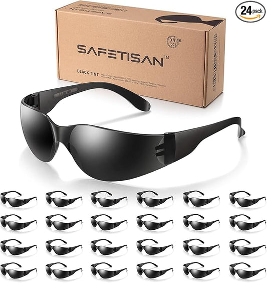 Tinted Safety Glasses Bulk, 24 Pack, Protective Shaded Safety Goggles, UV Protection Sunglasses, Scratch & Impact Resistant Dark Smoke Lense | Perfect for Construction, Shooting, Lab Work
