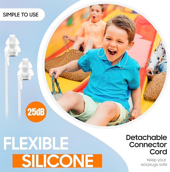 Kids Ear Plugs (6+yrs) - Reusable Noise Relief Earplugs with String for Child, Kids Ear Protection for Airplane, Focus, Anxiety, Stress, School, Home, Playtime, 25 dB Noise Reduction, 2 Pairs