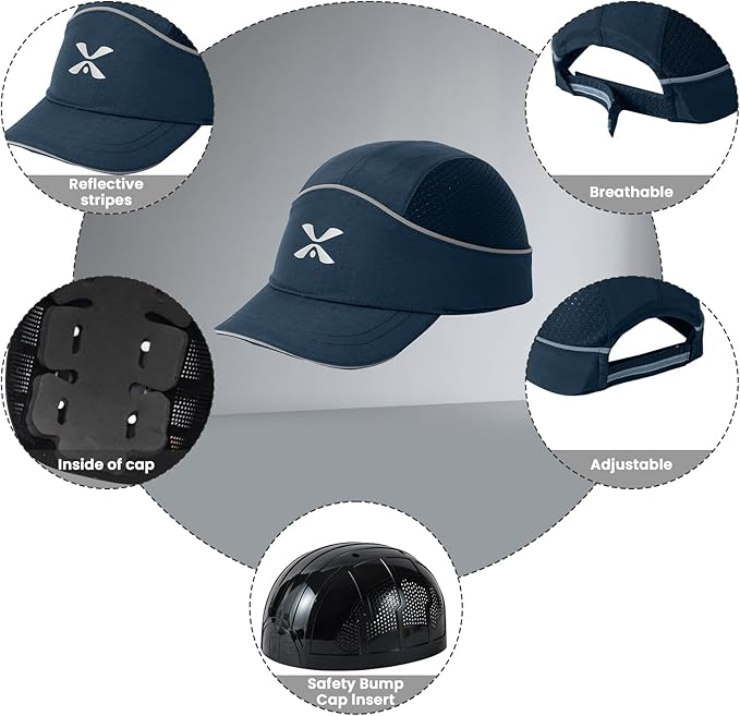 TIHEEN Unisex Safety Bump Cap, Baseball Hat Style with Reflective Stripes Lightweight and Breathable Hard Hat Head Protection Cap