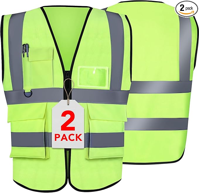 XPCARE 2-Pack Reflective Safety Vest For Women Men, Green High Visibility Security Vest- Pockets and Zipper Front - Neon Green Color(Large)