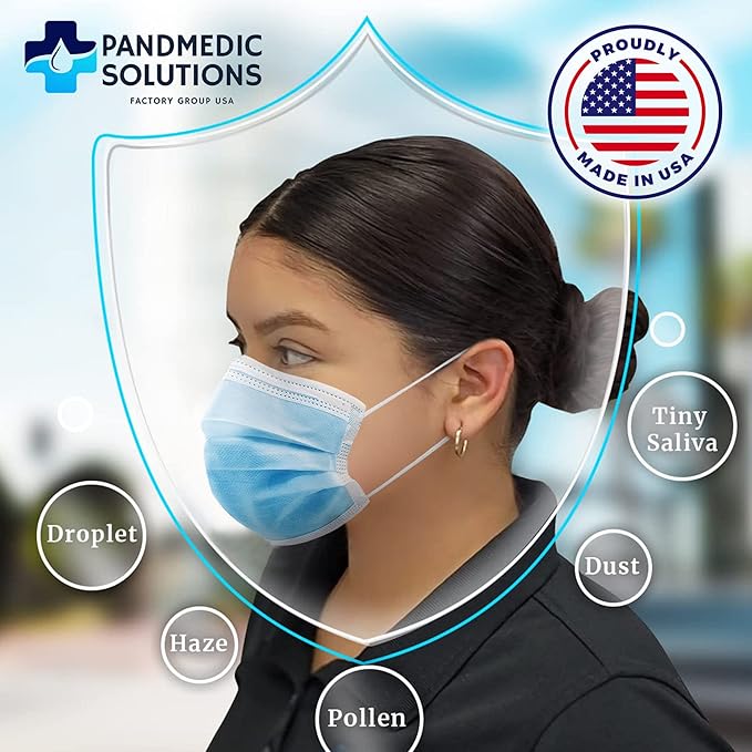 PandMedic Disposable Face Mask MADE in USA | Premium Medical American 3 Ply Safety Face Masks Breathable With Elastic Ear Loops - 50ct Resealable Bag